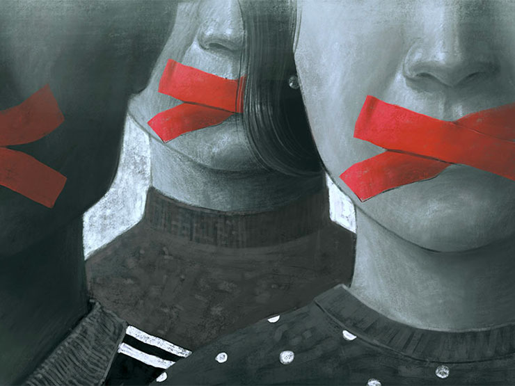 An illustration of faces, in black and white, with red tape crisscrossed over mouths.