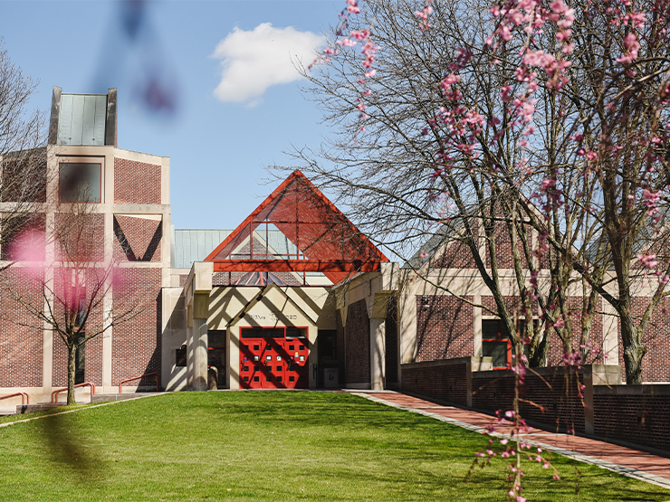Trexler Library is framed by budding spring trees.