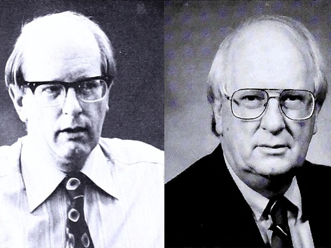 Two black and white headshots of the same college professor taken 20 years apart