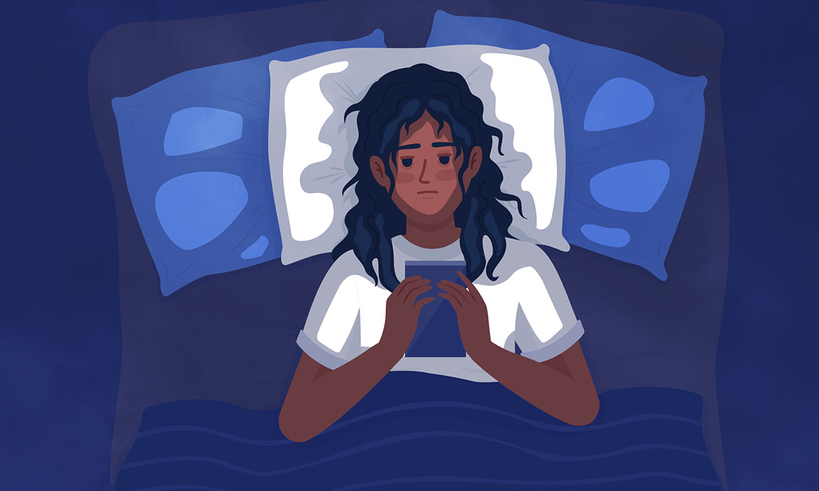 An illustration of a young woman in bed looking at a smartphone in the dark