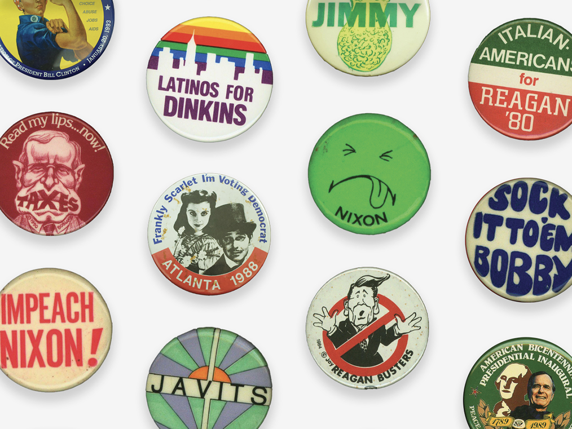 a collection of colorful political buttons spaced out on a white background
