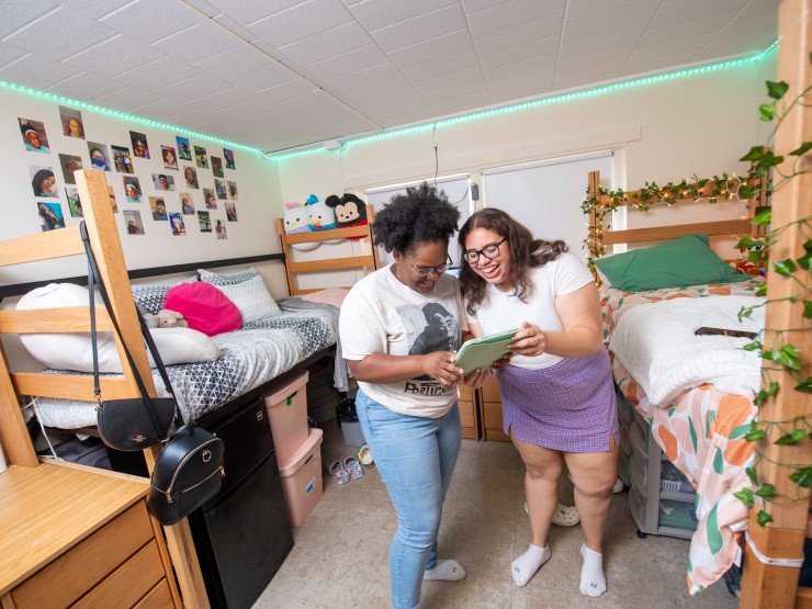 Roommates bond in a College residence hall.