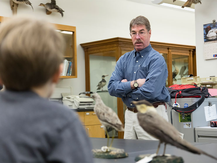 An adult in a blue shirt stands, arms crossed, as he listens to elementary school children visiting a museum full of mounted bird species.