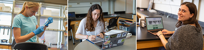 Three students working within science laboratory setting.