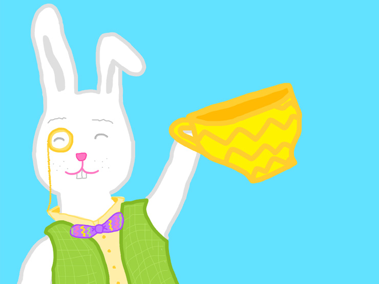 Illustration for the upcoming event: Tea Party featuring a white rabbit dressed in a green vest holding a tea cup.