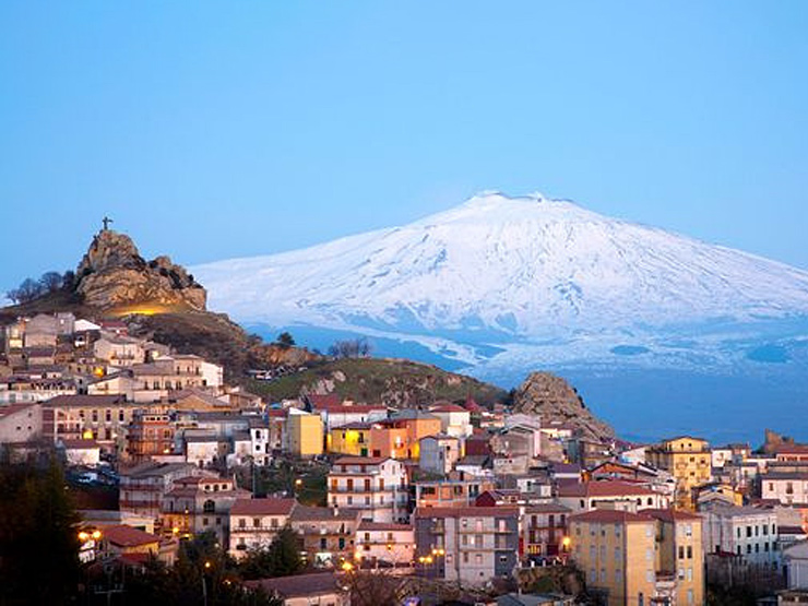 Small town with mountain in the distance