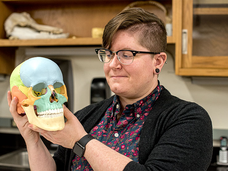 An adult with short hair and glasses grins while holding the replica of a skull in a lab setting.