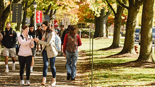 Students stroll down a sidewalk under a canopy of fall foliage.