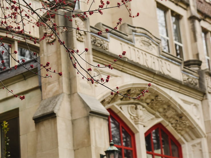Architecture from a stately College building is seen in the background, with tiny red buds from a spring tree appearing in the foreground.