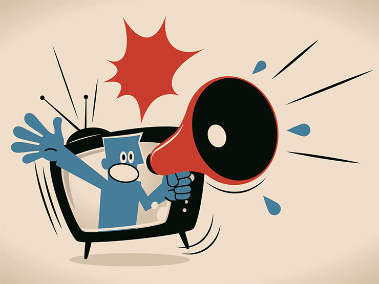 A stylized cartoon figure emerging from a TV with a megaphone.