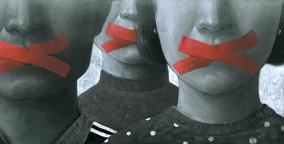 An illustration of three faces with red tape Xs over their mouths