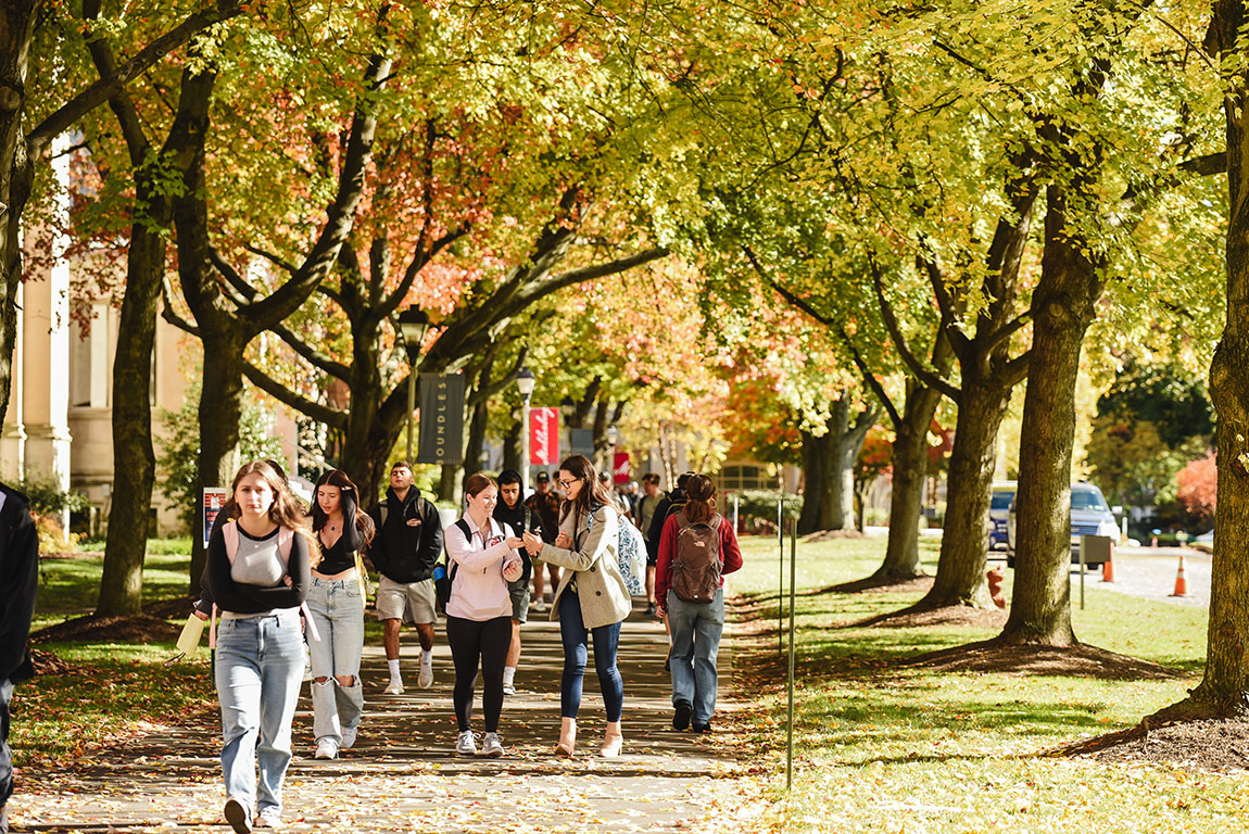 College students walk down Academic Row in the fall under some trees with green, yellow and orange leaves