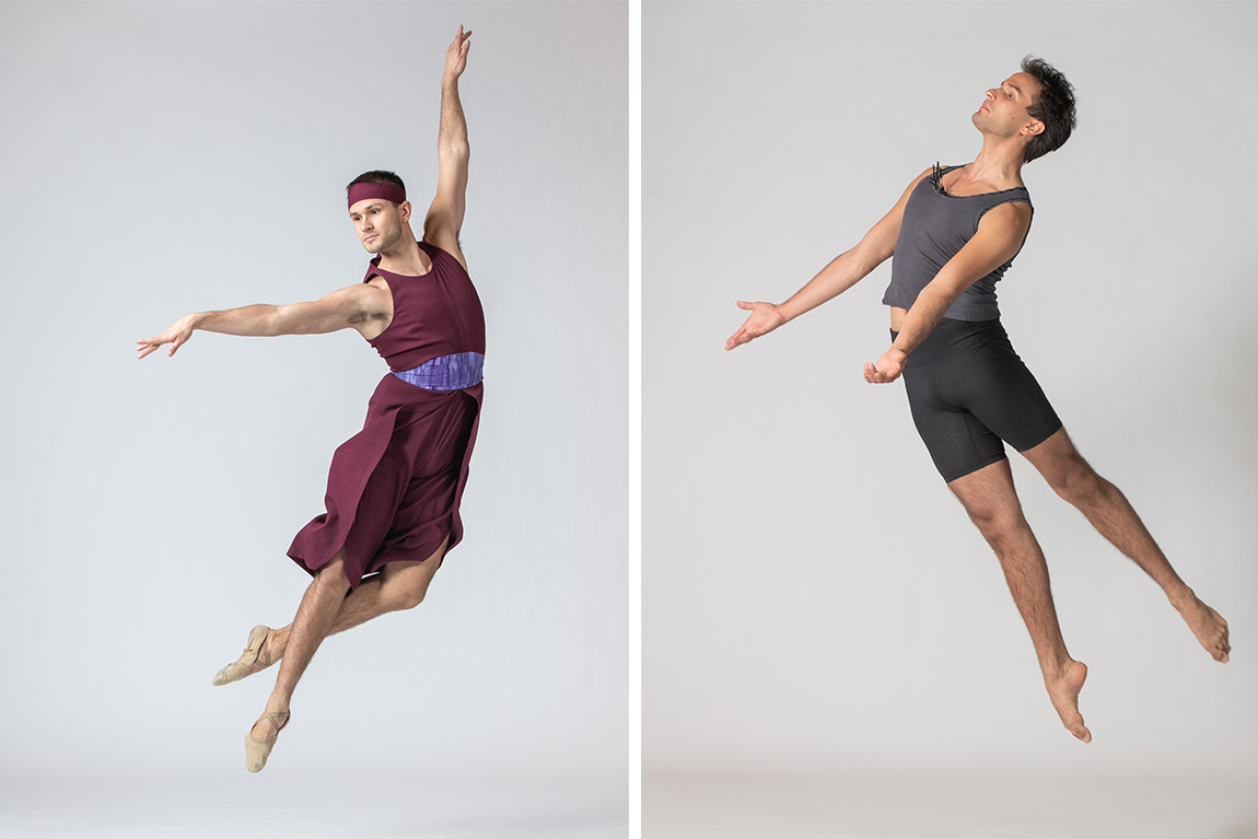 Two photos of dancer Tommy Gedrich '21 leaping into the air in front of a white studio background