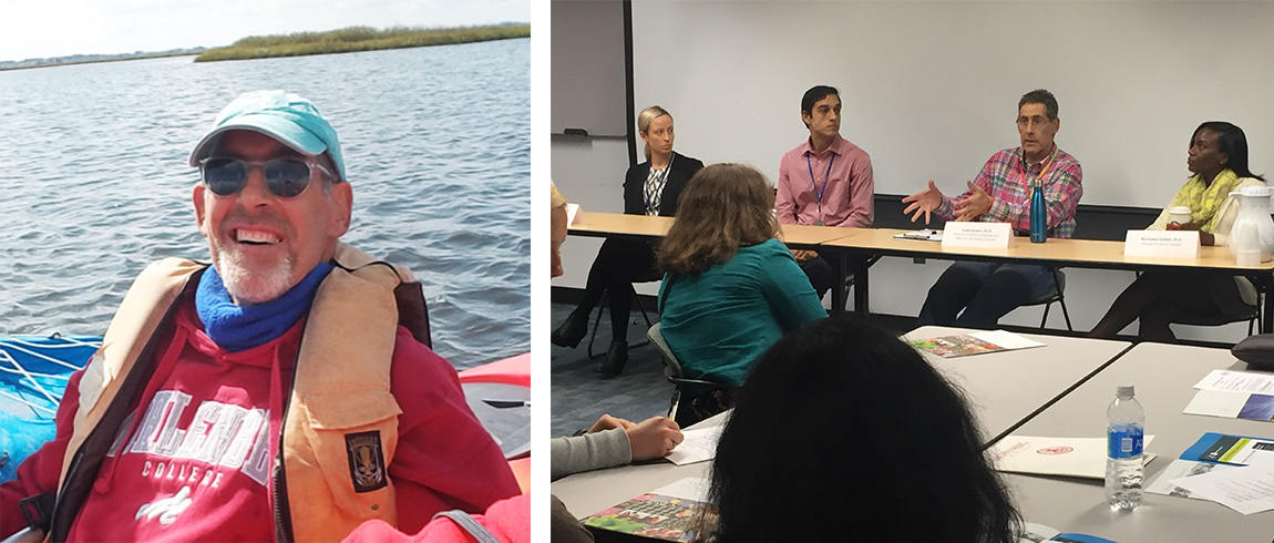 At left, a man in sunglasses and a Muhlenberg shirt on a boat smiles at a camera; at left, a panel of NIH experts talks to students