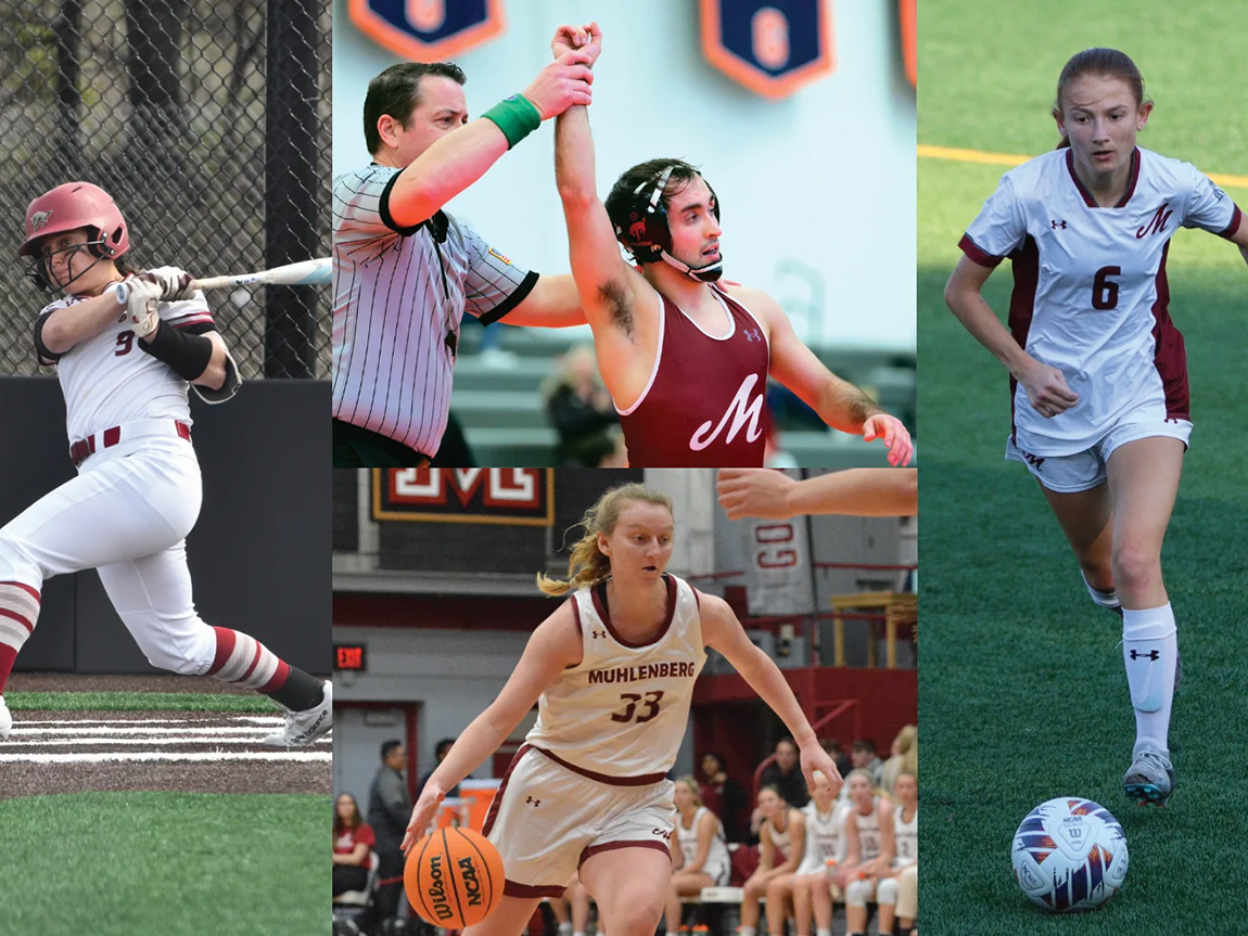 A collage image of college softball, wrestling, soccer, and basketball players in action
