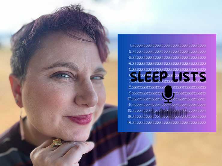 A headshot of Helen Sernett next to a purple logo for a podcast that says 