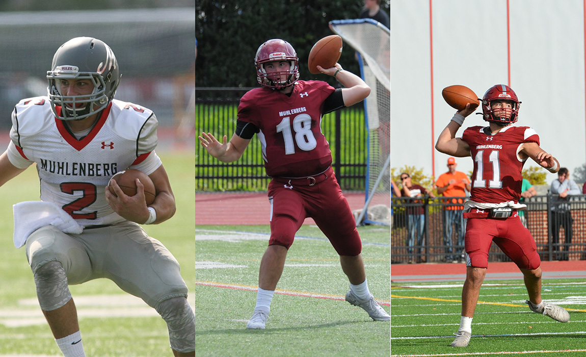 A split shot of three different quarterbacks in Muhlenberg football uniforms playing football