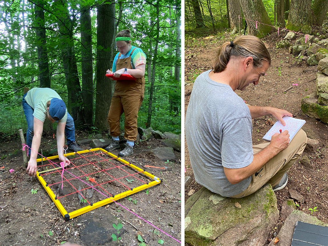 Two photos: At right, two college students record the site of a home in the woods; at left, a college professor writes in a notebook