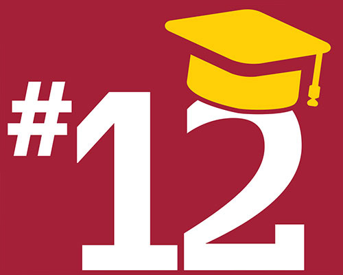 A white number 12 with number sign against a red backdrop with a yellow graduation cap atop the number two.