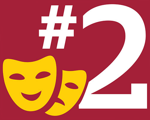 A white number two with a number sign against a red background with a pair of theater drama masks in the bottom left.