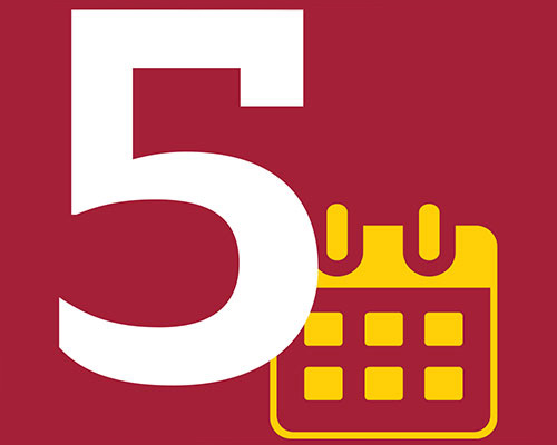 A white number five against a red background with a yellow calendar icon to the lower right.