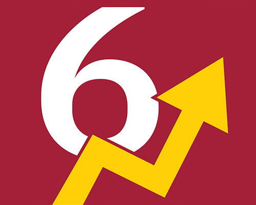 A white number 6 against a red background with a jagged yellow arrow pointing upward.