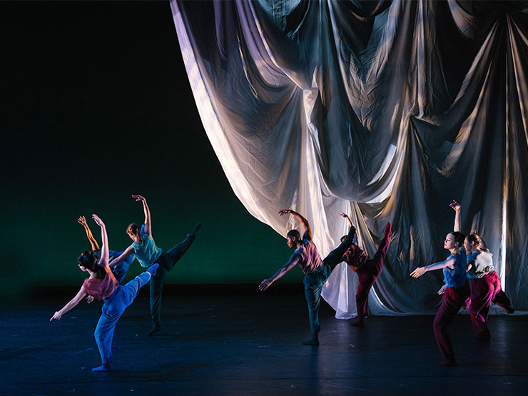 A stage of dancers pose elegantly with a large, sheer curtain draped dramatically behind them.