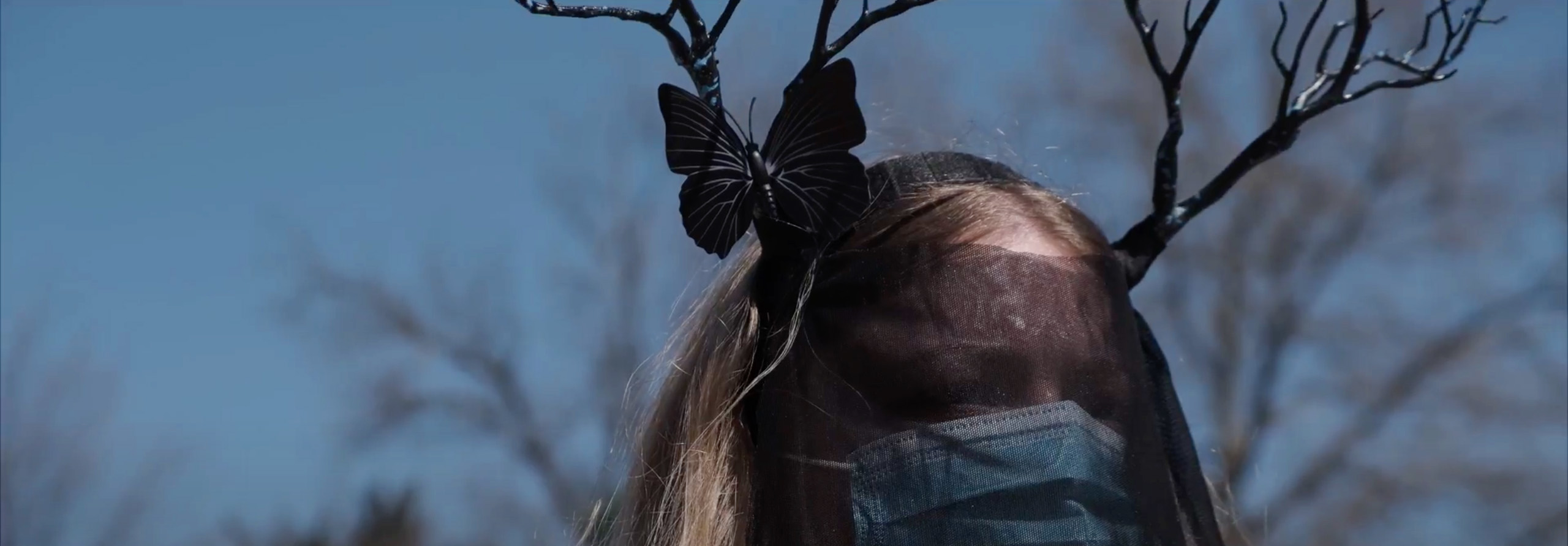 Closeup of a young woman wearing a face mask and an unusual hat, with a veil, branches, and butterflies, all black.