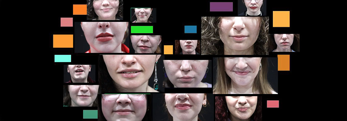 Image shows close-ups of about 20 cast members' faces, from the chin to the bridge of the nose, roughly in the shape of a heart.