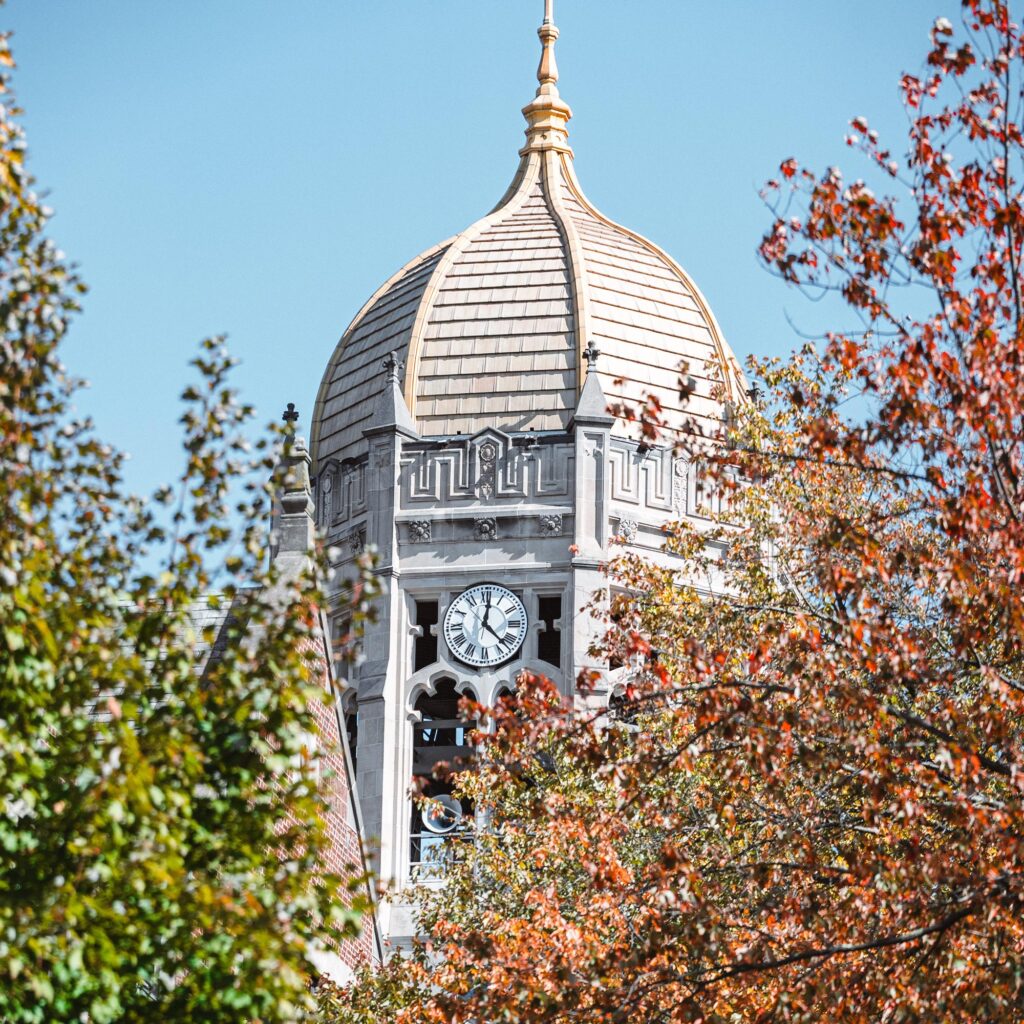 The Haas clocktower surrounded by foaliage.