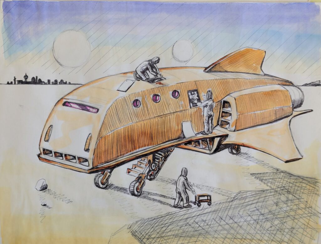 Watercolor painting of a spaceship.
