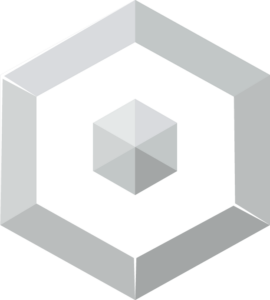 A hexagon-shaped silver badge