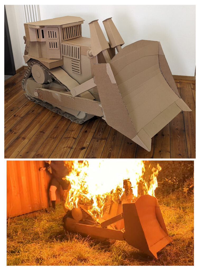 Compilation of photos, one of a cardboard excavator and below, an image of that artwork aflame.