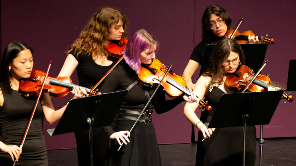 Five violinists perform in concert.